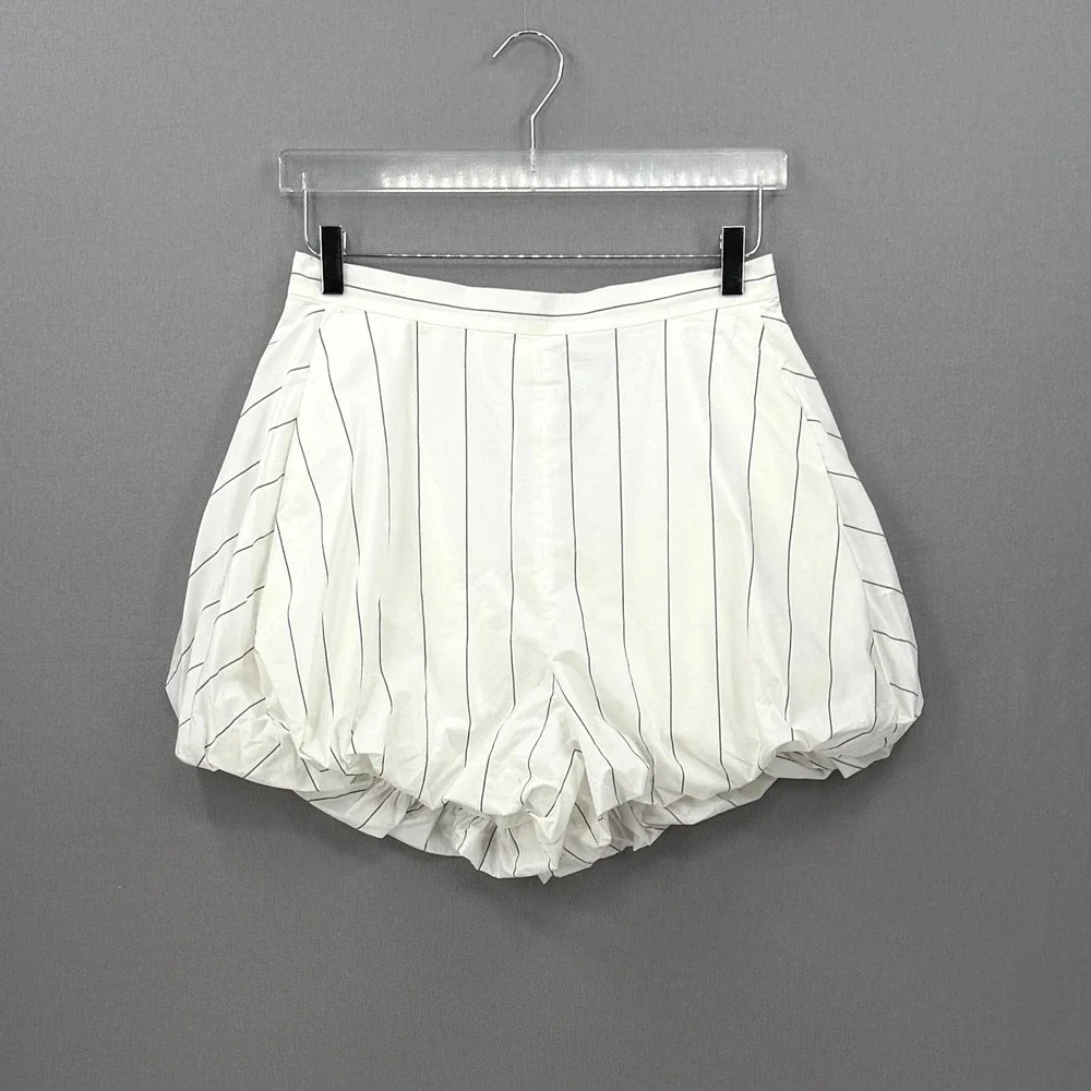 TIBI Striped Tech Poplin Bubble Shorts Womens 6 White Black Quiet Luxury Minimal